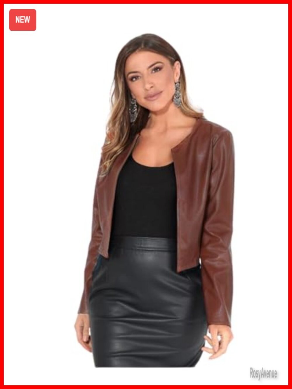 Faux Leather Cropped Bolero Jacket Long Sleeve Blazer